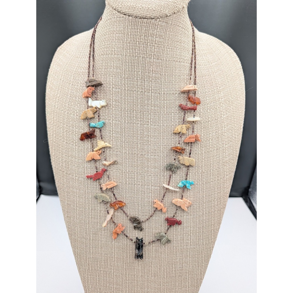 Zuni Fetish Necklace 2 Strand 30in Carved Turquoise Coral Animals Heishi